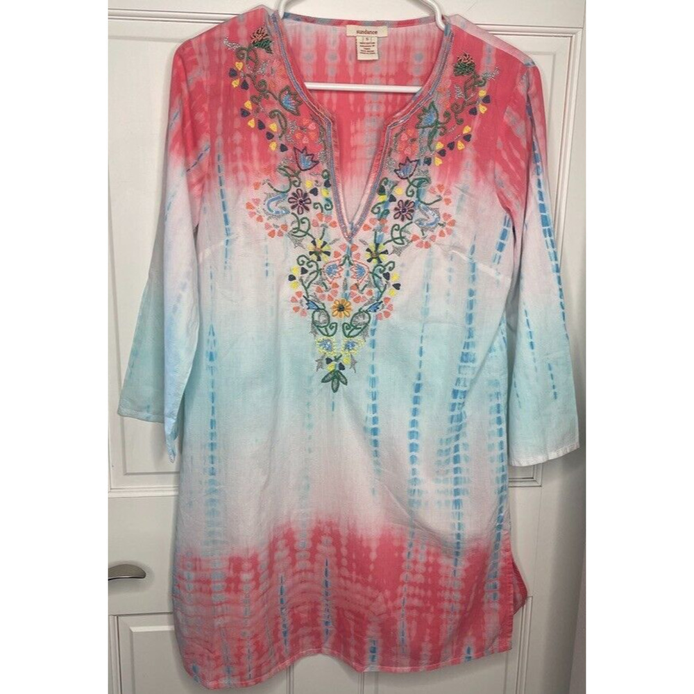 Sundance Women's Embroidered Beaded Tunic Swim Coverup SZ S Tie Dye Ombre Sequin
